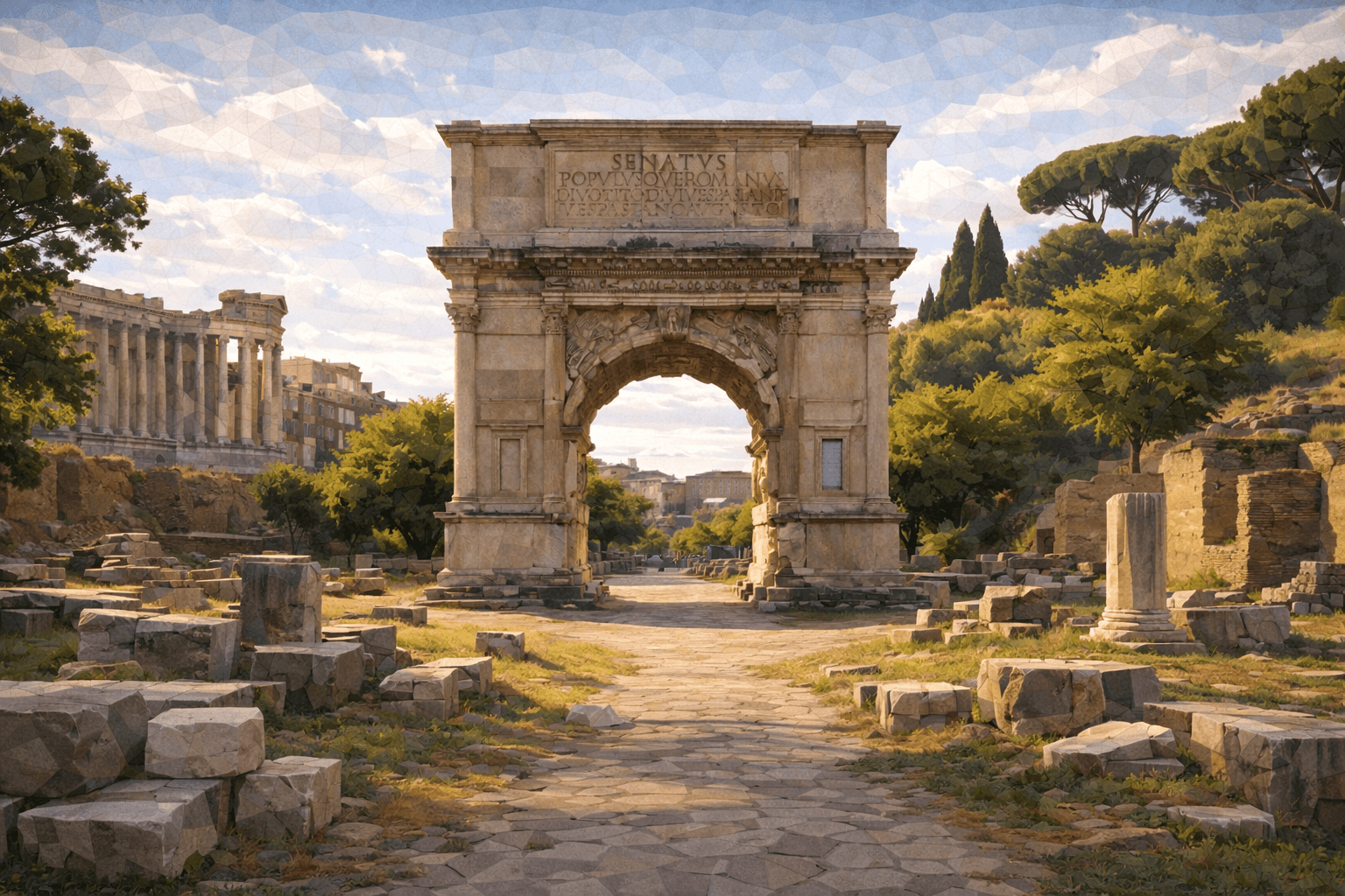 Abbildung zur Frage: Welcher Triumphbogen im Forum Romanum, ist bekannt für seine detaillierten Reliefs?
