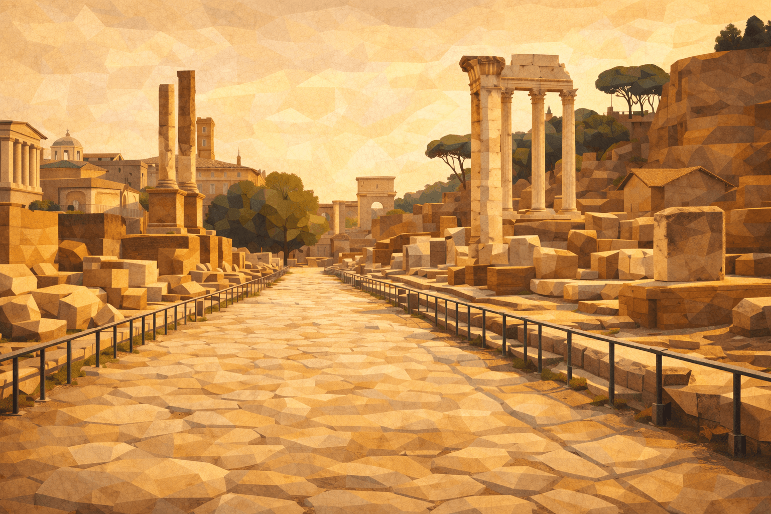 Abbildung zur Frage: Welche antike Straße, die durch das Forum Romanum verläuft, war der traditionelle Weg für Triumphzüge römischer Generäle?