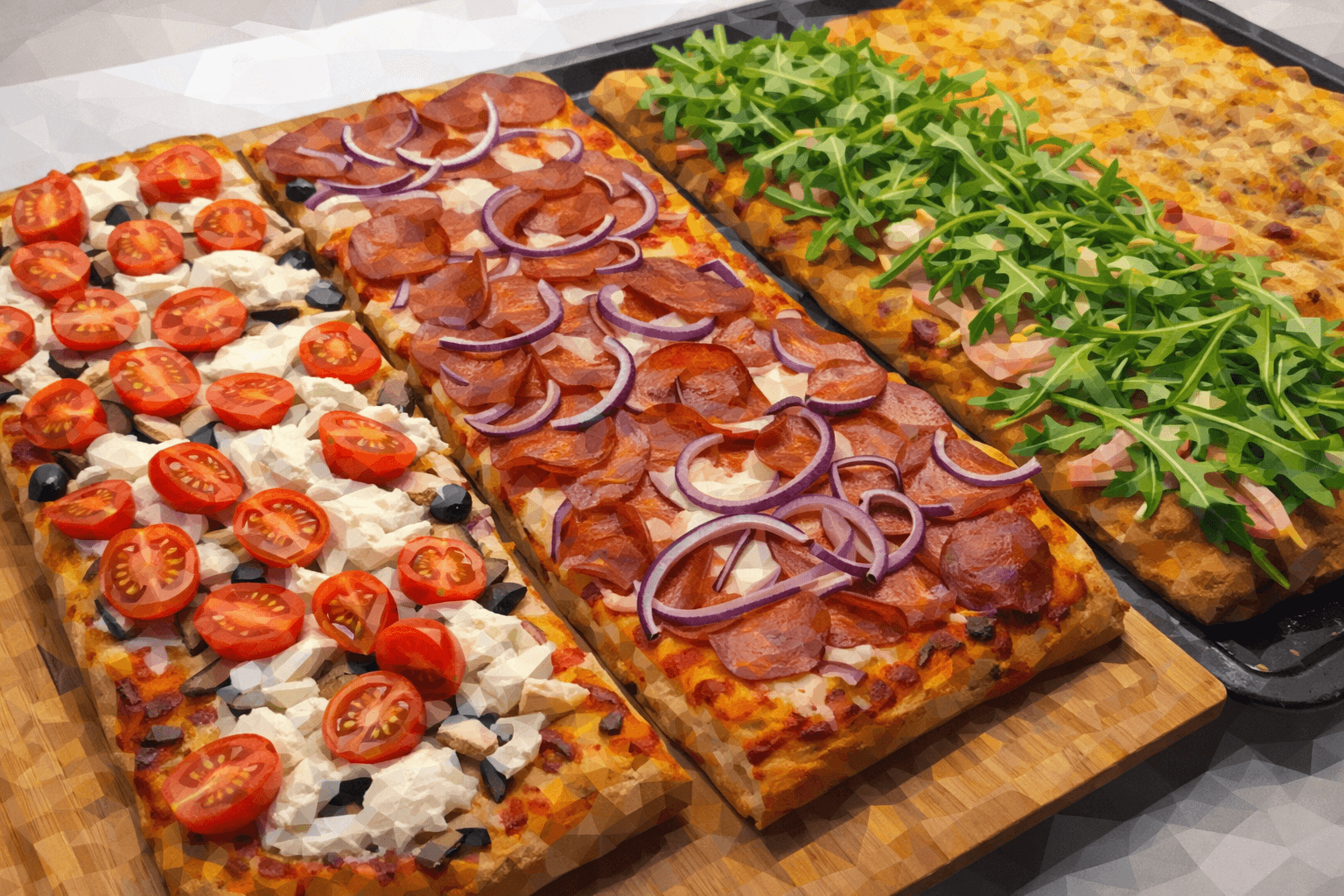 Abbildung zur Frage: Diese köstlichen viereckigen Pizzaschnitten werden auf großen Blechen gebacken. Wie heißt dieser Pizza-To-Go-Snack?