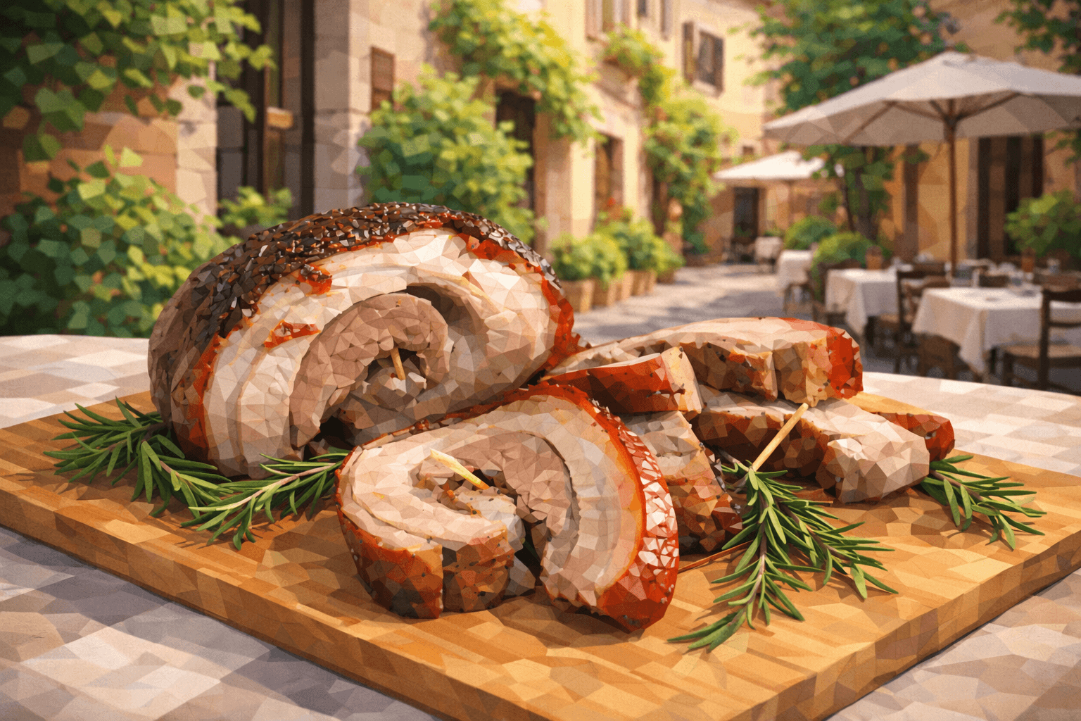 Abbildung zur Frage: Wie nennt man das traditionelle römische Gericht, welches aus einem ganzen Schwein besteht, das entbeint, mit Kräutern gefüllt und knusprig gebraten wird?