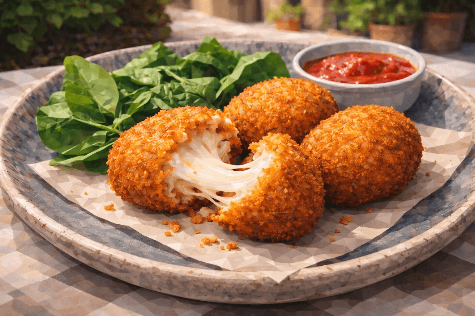 Abbildung zur Frage: Wie heißt der beliebte frittierter Reisball in Rom welcher umhüllt ist mit Eiern und Paniermehl und gefüllt ist mit Tomatenragout und Mozzarellakäse?