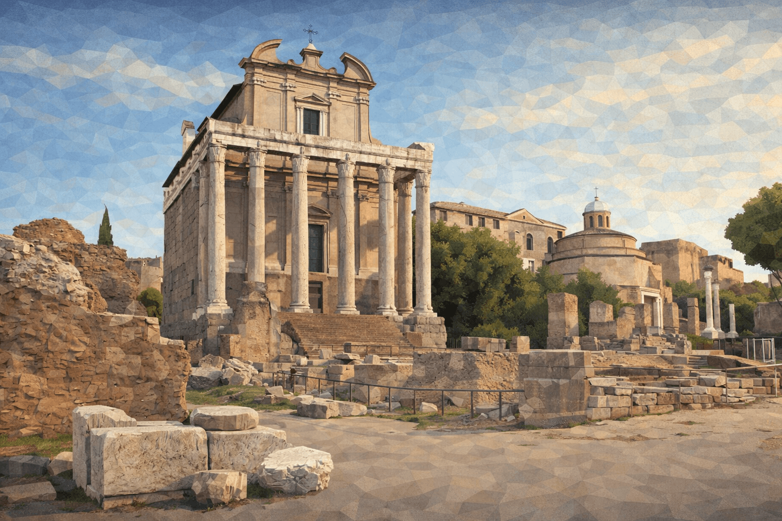 Abbildung zur Frage: Welches Gebäude auf dem Forum Romanum - ursprünglich als Tempel erbaut - wurde im 7. Jahrhundert in eine christliche Kirche umgewandelt und ist bis heute erhalten?