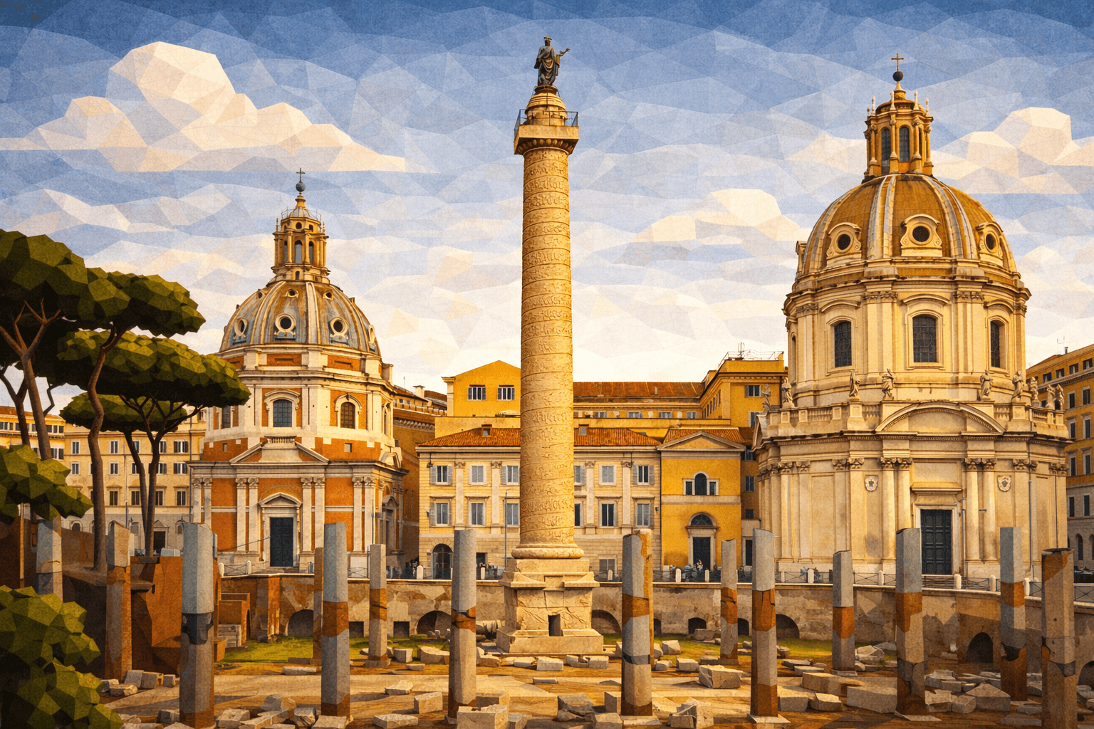 Abbildung zur Frage: Welche der Säulen im Forum Romanum wurde zu Ehren eines Kaisers errichtet, der eine bedeutende Niederlage der Goten erzielte und ein Reformprogramm zur Stabilisierung des Reiches durchführte?