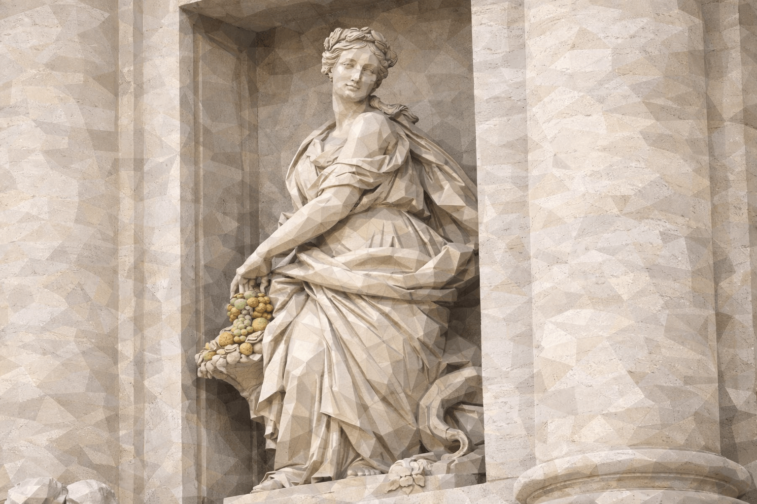 Abbildung zur Frage: Welche der folgenden Statuen am Trevi-Brunnen symbolisiert die „Fruchtbarkeit“, die aus der Reinheit des Wassers hervorgeht?